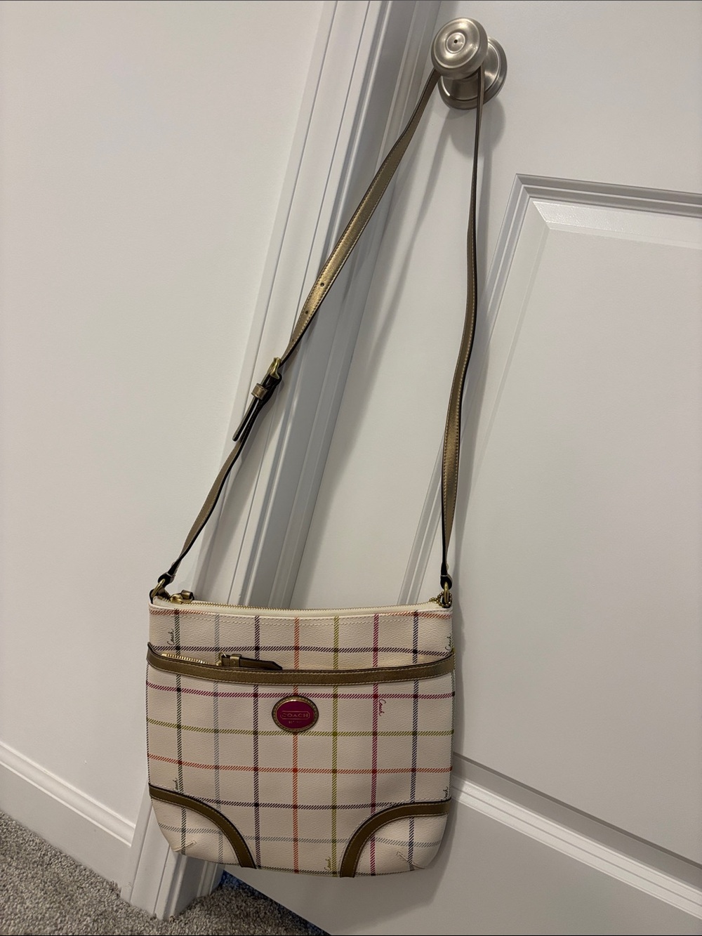 Coach Cream Plaid Crossbody with Brown Trim and Pink Accent
